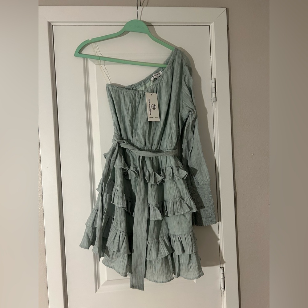 *NWT* Pink Diamond One-Shoulder Ruffled Mini Dress in a Light Blue-Green color